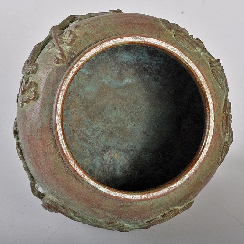 高岡銅器　須賀月芳作　蝋型鋳銅　松竹梅　香炉　共布共箱　C　R8703