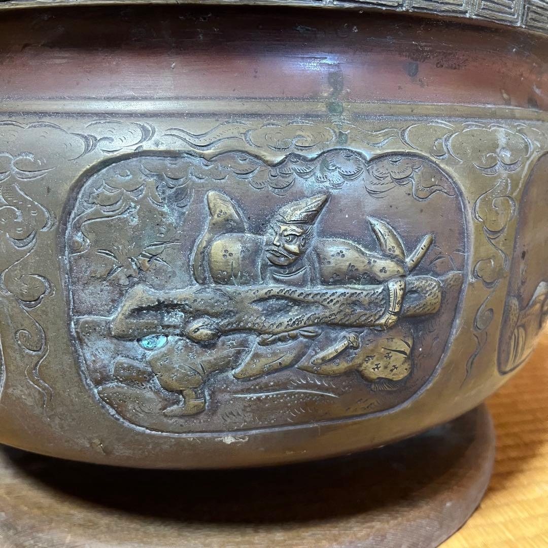 真鍮火鉢　台座付き　龍の取手　大型　43cm