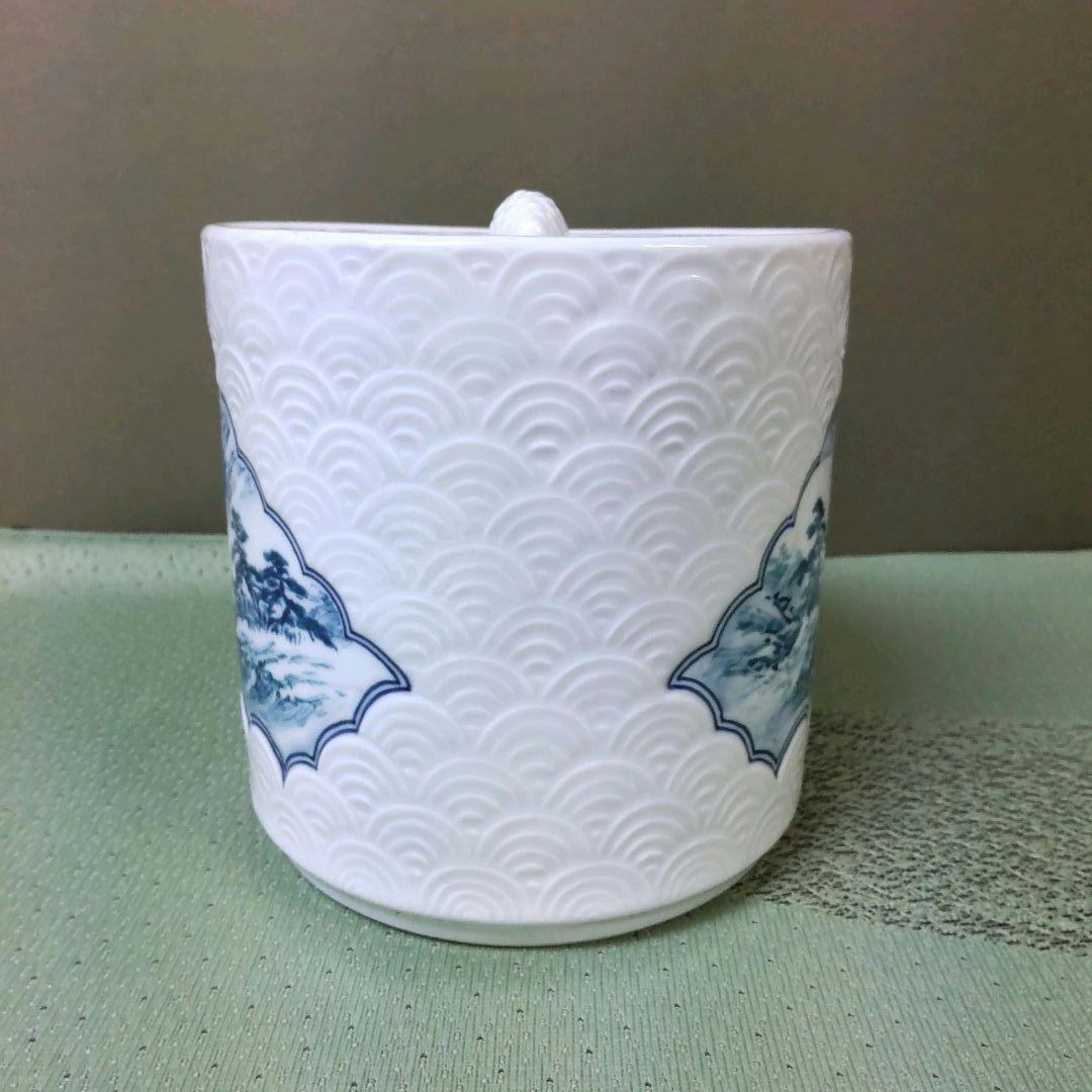 （824）✿特価★有田焼★金武自然作★青海波彫山水画水差【木箱入】破魔オマケ付