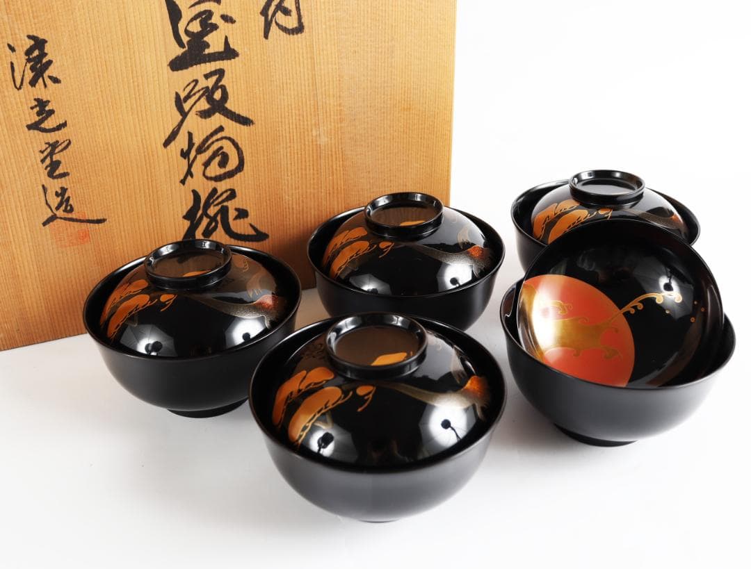 輪島塗 漆光堂 老松 旭日 見返り日の出 蒔絵 吸物椀 五客 共箱 漆器