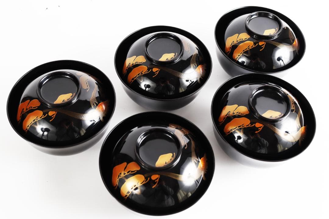 輪島塗 漆光堂 老松 旭日 見返り日の出 蒔絵 吸物椀 五客 共箱 漆器