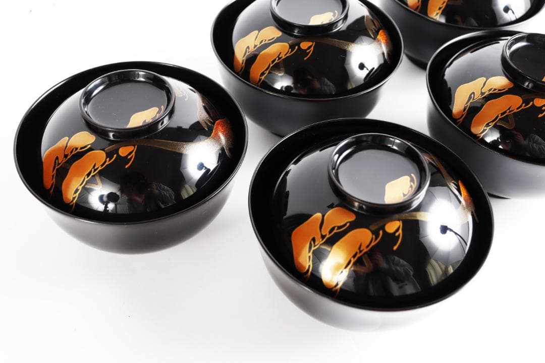 輪島塗 漆光堂 老松 旭日 見返り日の出 蒔絵 吸物椀 五客 共箱 漆器