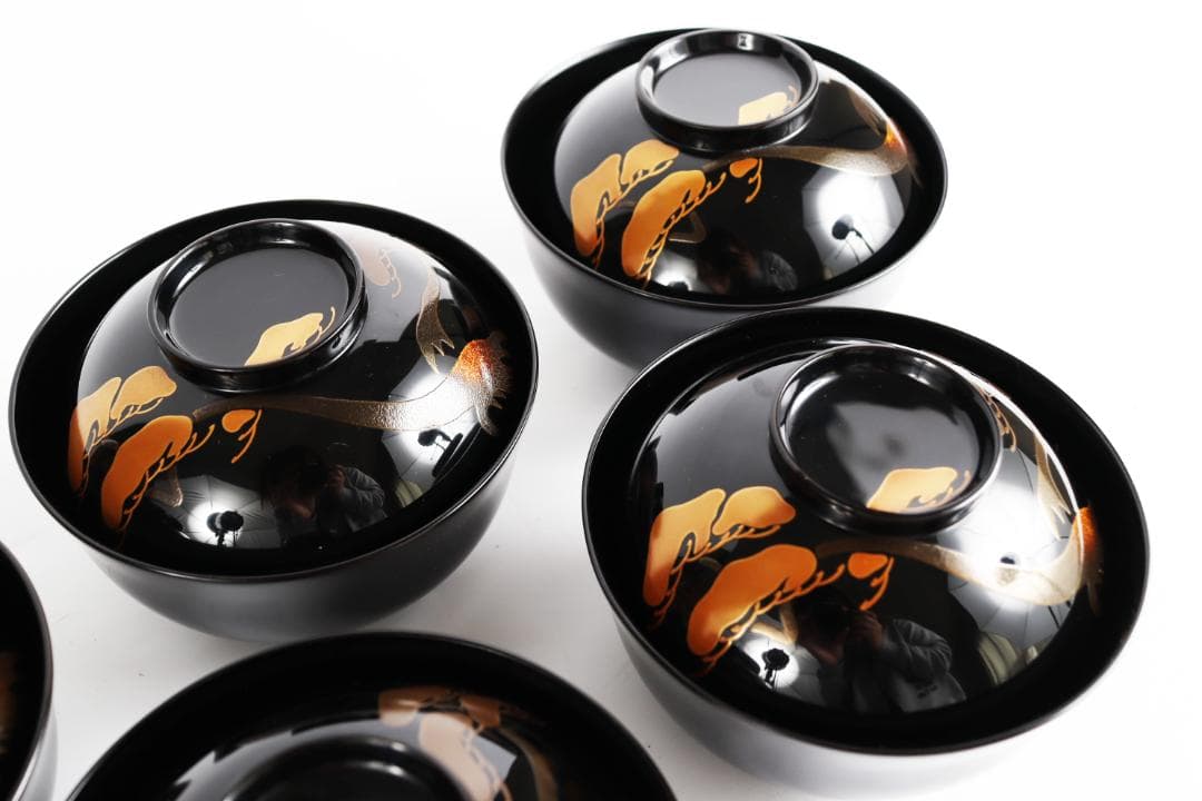 輪島塗 漆光堂 老松 旭日 見返り日の出 蒔絵 吸物椀 五客 共箱 漆器