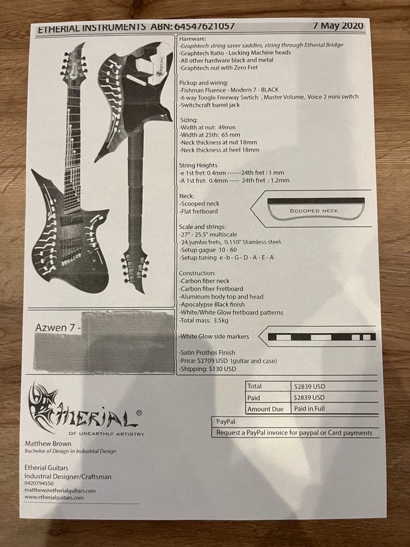 ギター Etherial Guitars Azwen 7