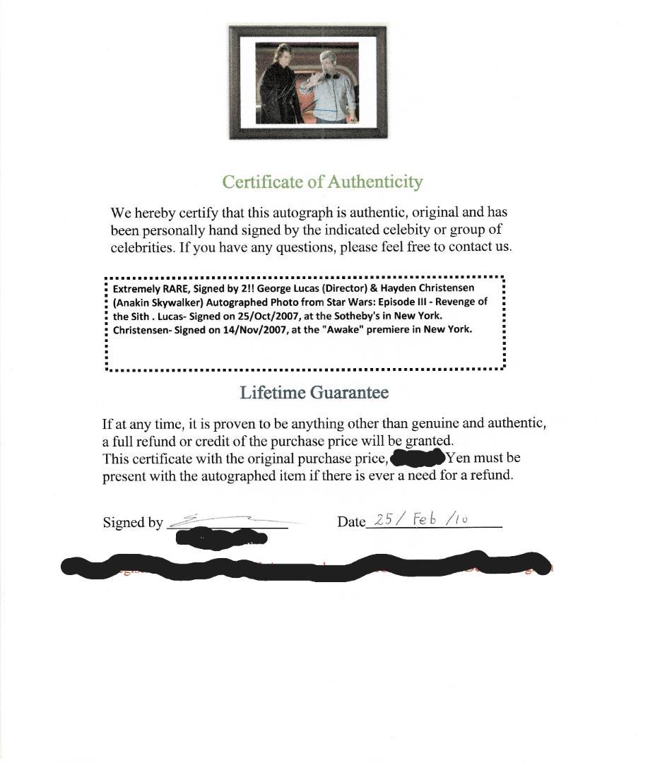 ジョージ・ルーカスとヘイデン・クリステンセン スターウォーズの最高作！証明書付き