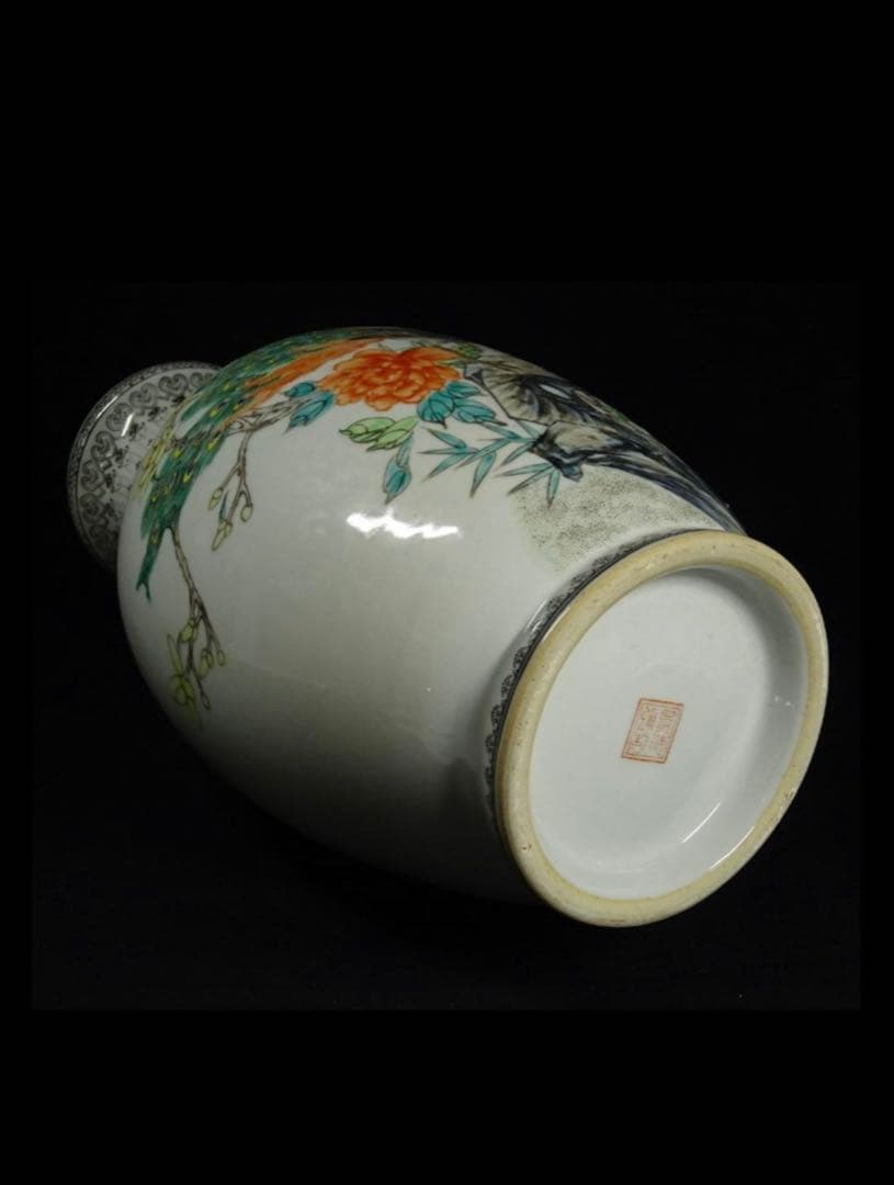 中国古玩 景徳鎮製 孔雀漢詩文大花瓶 高約36cm 時代物 粉彩