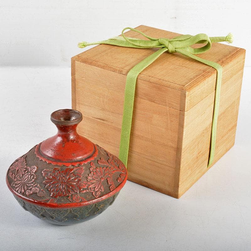 中国　陶堆朱朱泥海鼠釉　刻花文瓶　壷　桐箱付　M　R4805