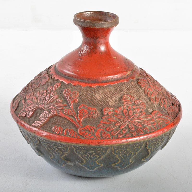 中国　陶堆朱朱泥海鼠釉　刻花文瓶　壷　桐箱付　M　R4805