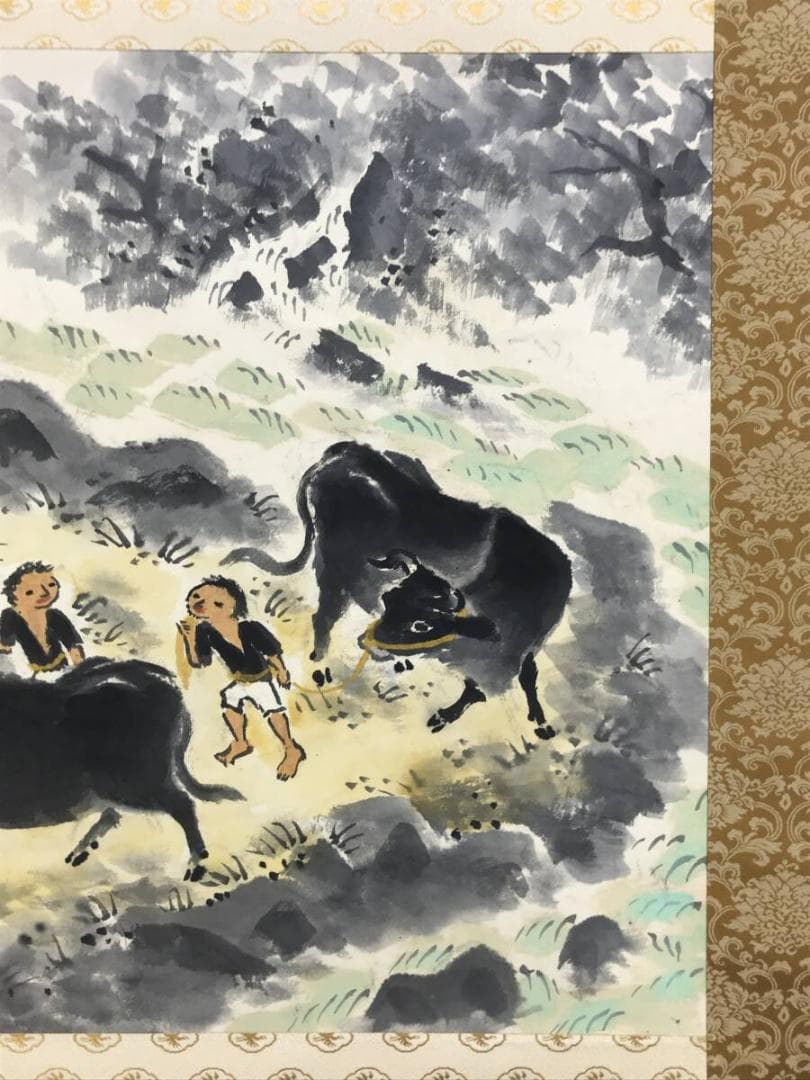 真作/四田観水/牧童之図/牛図/横物/掛軸/名家伝来AH-546