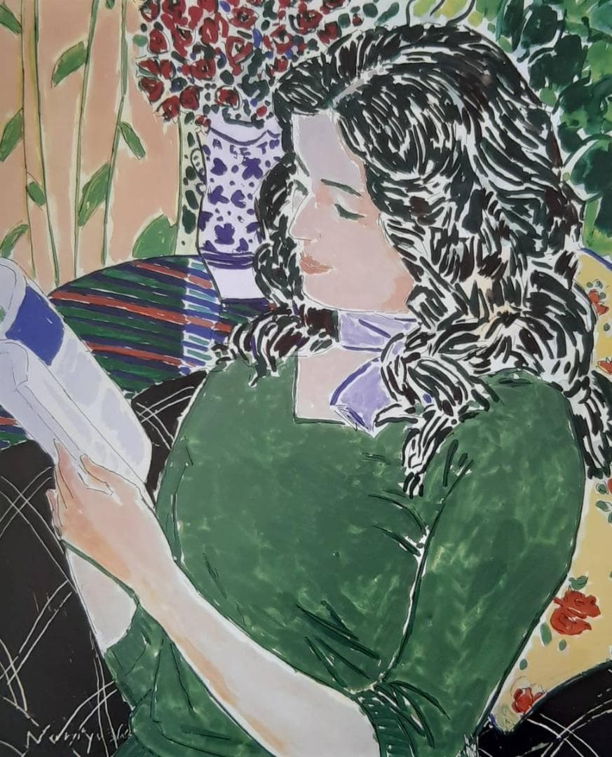 坂口紀良、「プチローズと読書」、希少画集の額装画、人気作品