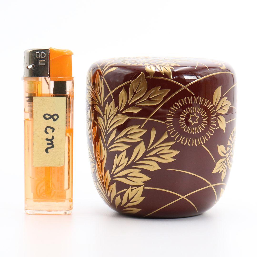 呉藤童甫作 菊蒔絵溜大棗 内銀溜塗 金蒔絵 茶道具 共箱　M335　NT1