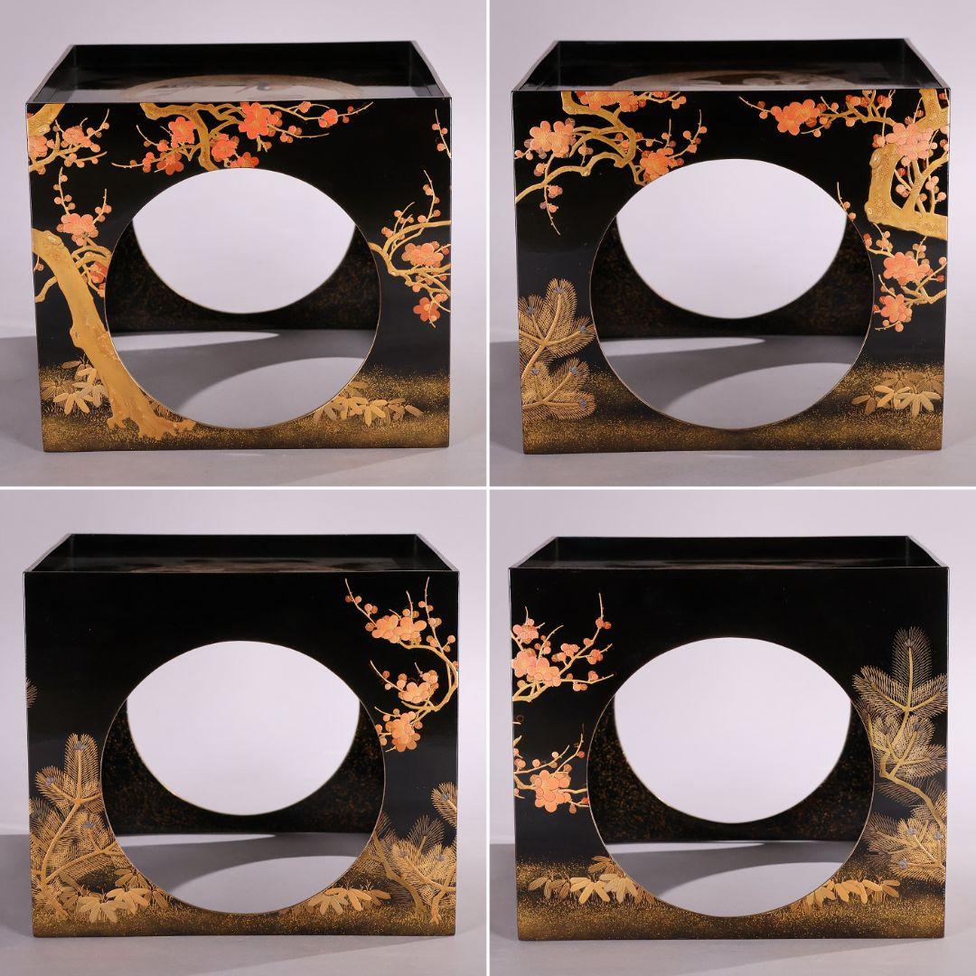 【MB183】加賀蒔絵 花鳥本金蒔絵 大盃 盃台 天然木漆塗 鶏 松竹梅 鶴霊芝