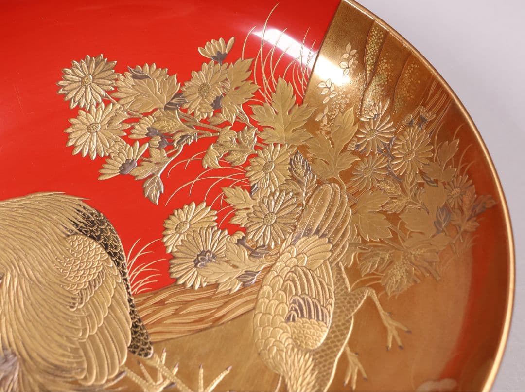 【MB183】加賀蒔絵 花鳥本金蒔絵 大盃 盃台 天然木漆塗 鶏 松竹梅 鶴霊芝