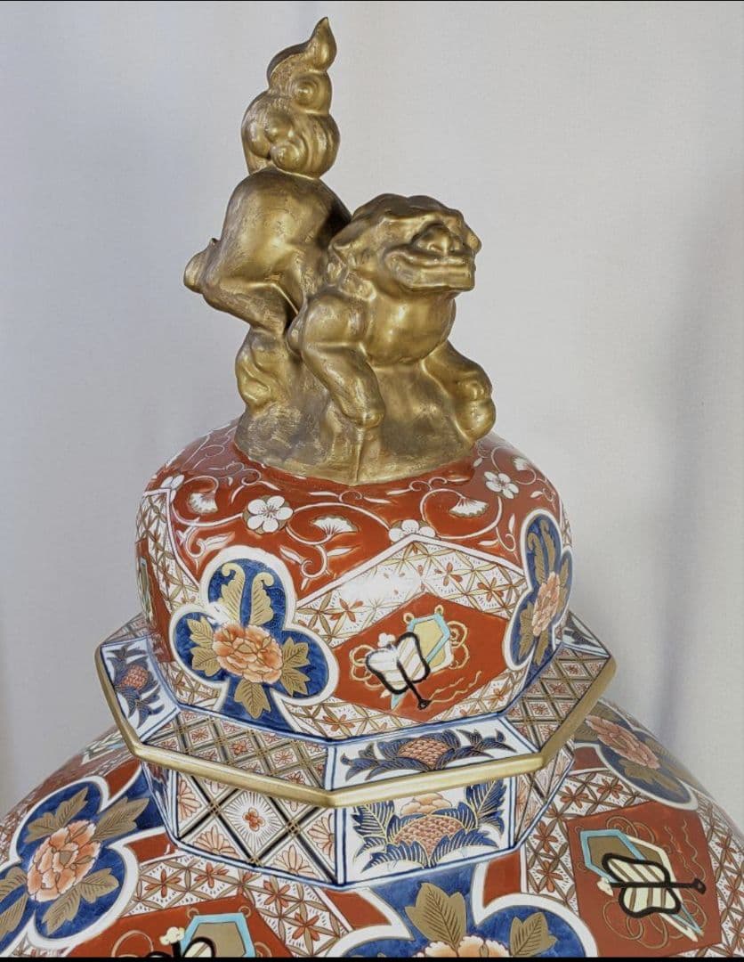 未使用　有田焼　沈香壺　色絵 神右衛門作　七福神　特大八角三段　総手描 干支龍