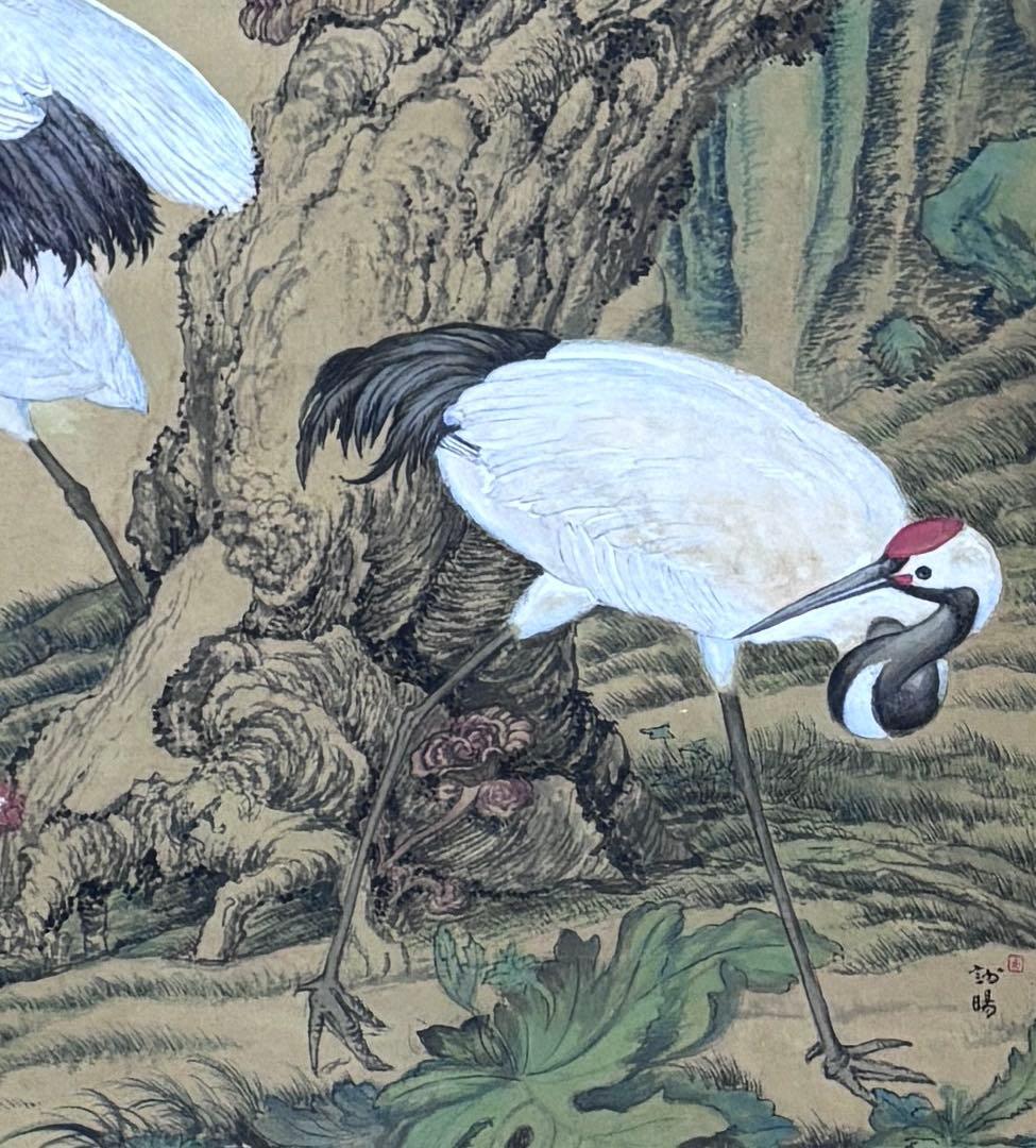 掛軸　水墨画　松鶴図 謝陽画中国　絵画　鶴　松　箱付　張大千大風堂