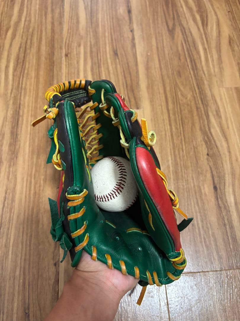 美品 久保田スラッガー 軟式オーダーグラブ 緑/赤/黒