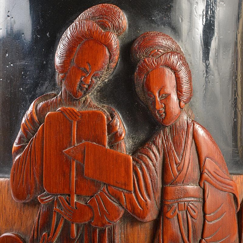 中国　古竹彫刻　黒漆　漢詩人物文　筆筒　時代箱付　G　R7384