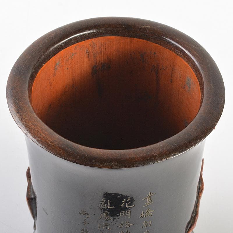 中国　古竹彫刻　黒漆　漢詩人物文　筆筒　時代箱付　G　R7384