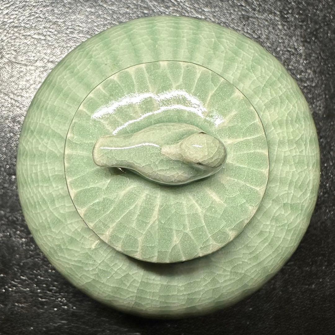 ★茶道具！高麗青磁 茶入(替蓋付)！韓国人間国宝『申 相浩』造！共箱/仕覆付！★