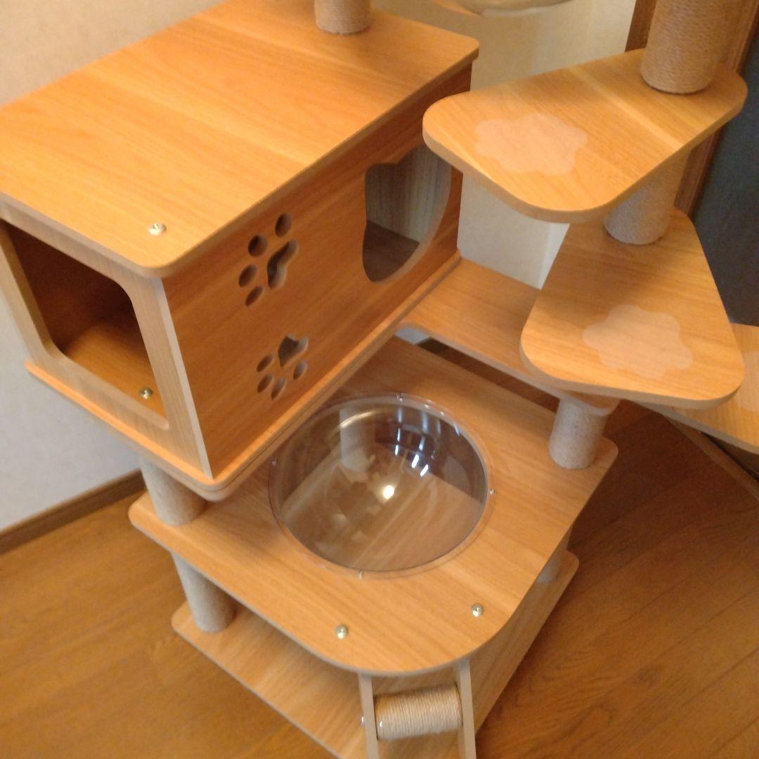 RAKU　木製　キャットタワー ベージュ　宇宙船付き