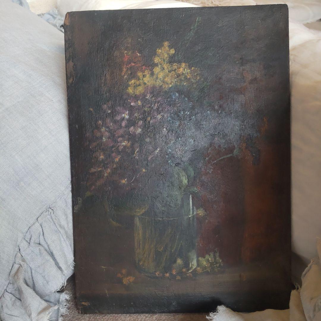 フランス　アンティーク　油絵　ミモザ　スミレ　絵画