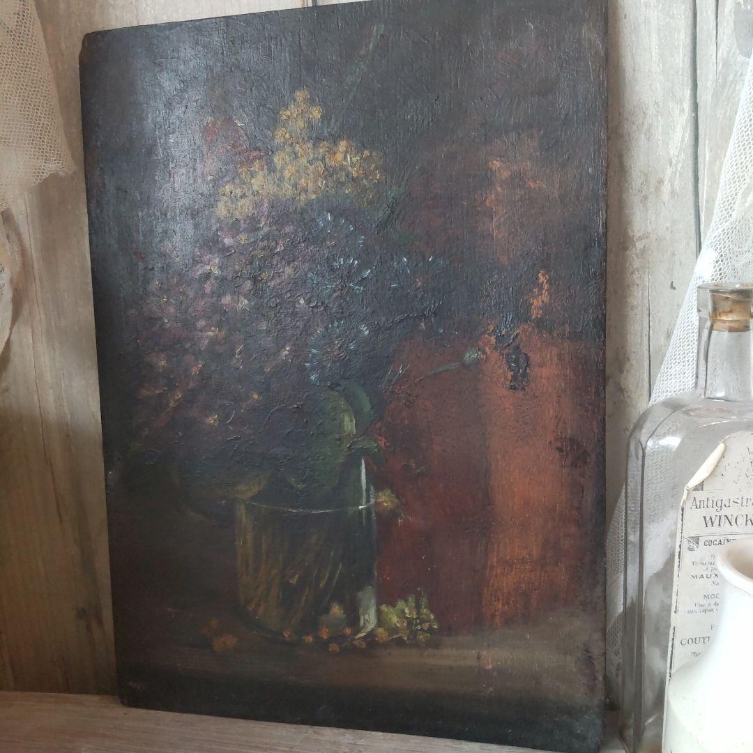 フランス　アンティーク　油絵　ミモザ　スミレ　絵画