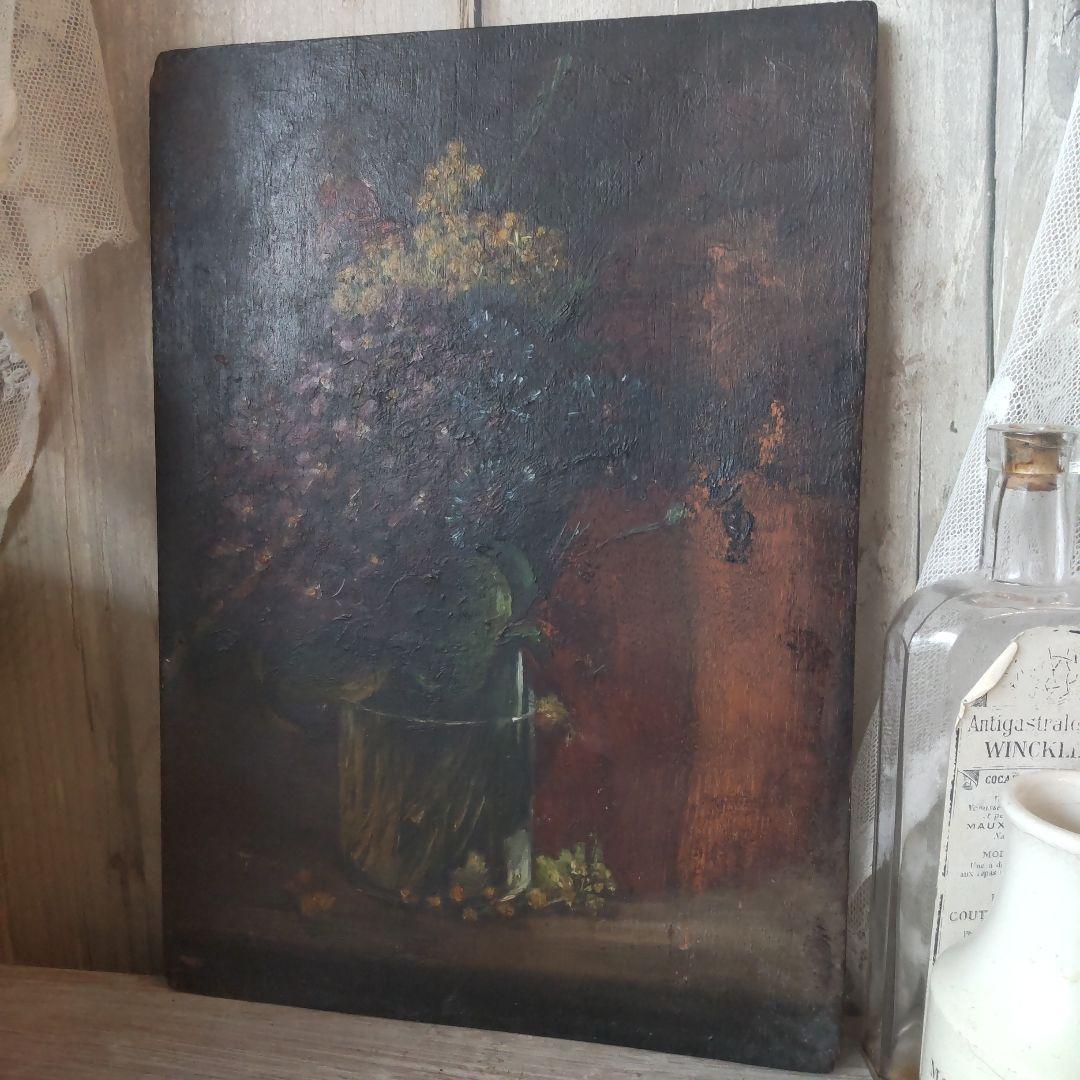 フランス　アンティーク　油絵　ミモザ　スミレ　絵画