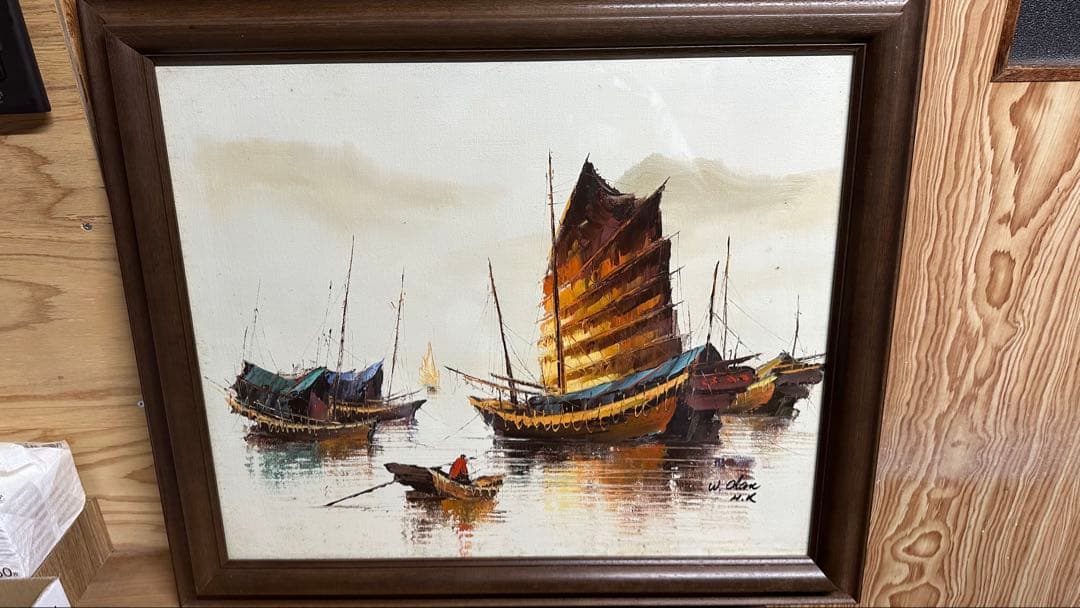 W. Chan 油彩画 船と港の風景