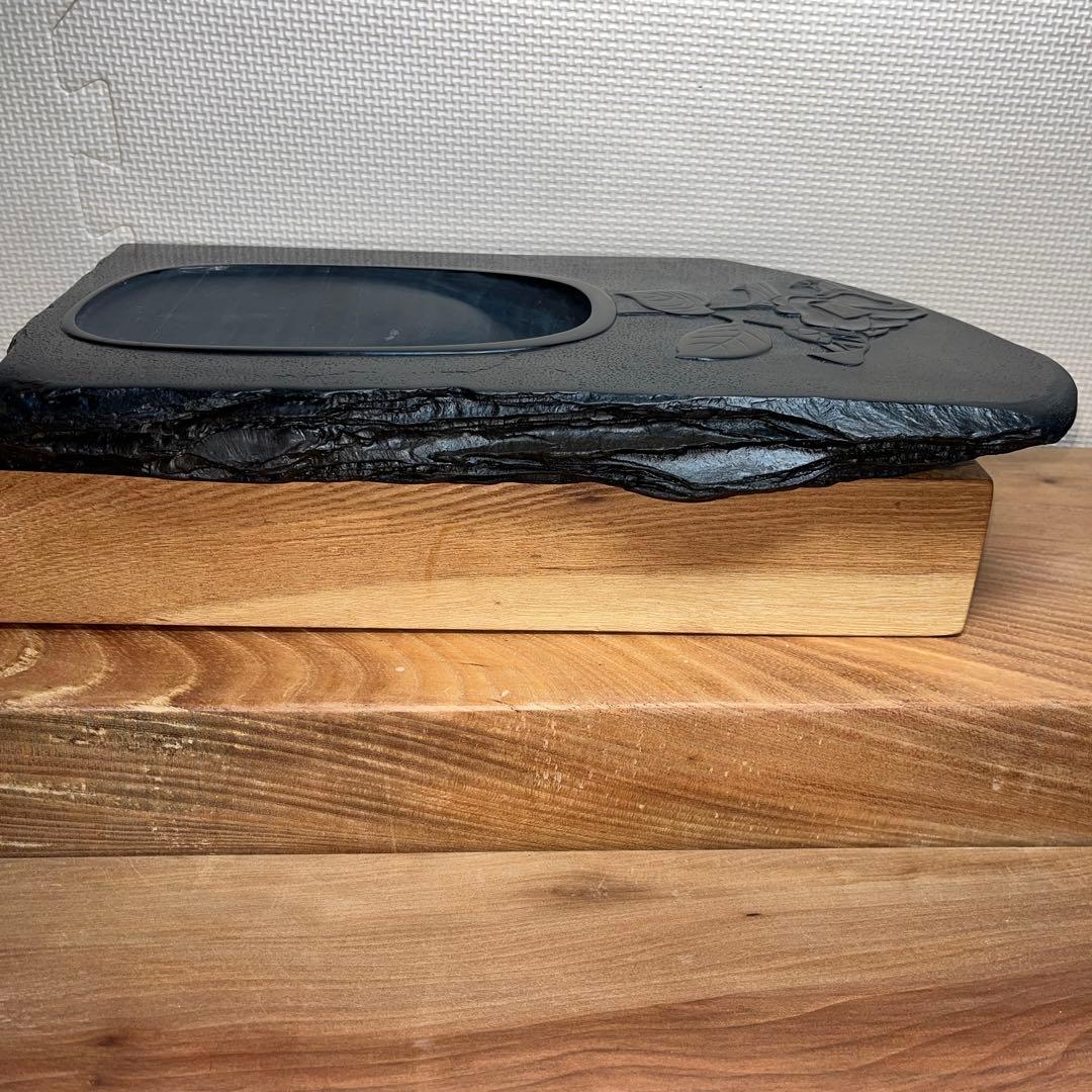 ⭕️雄勝硯　希少　超大型天然硯　伝統工芸士　杉山唐龍斎　椿花葉彫刻　35cm超