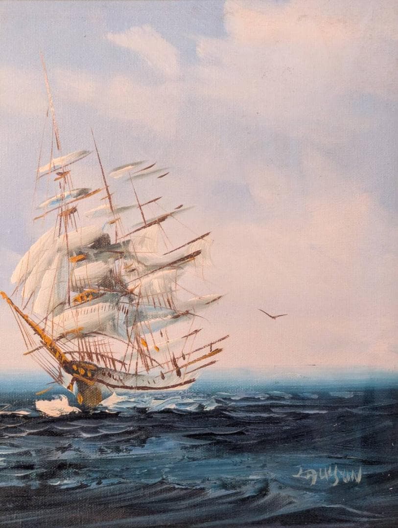 【真作】絵画　油彩6号　大海原を駆ける帆船　青空と波の詩　自由への航海　U194