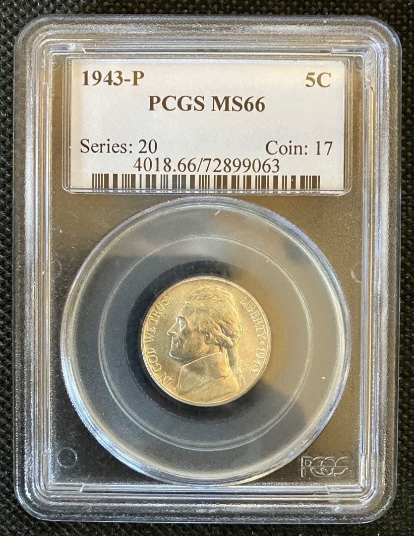 アメリカ 1943P ジェファーソン 5セント Billon貨 PCGS