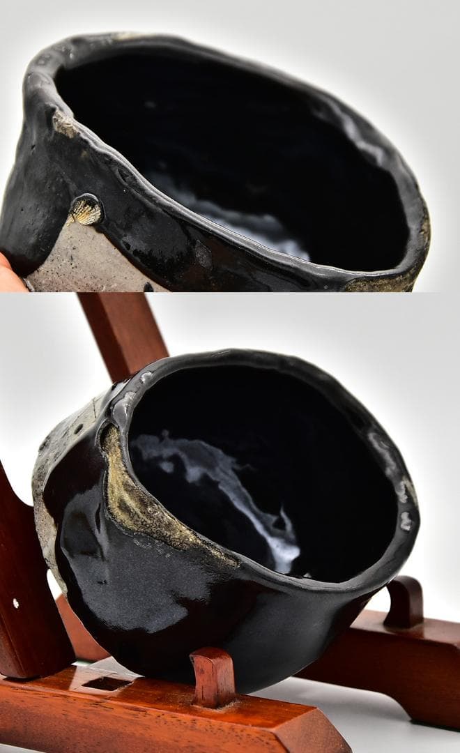 T 新品未使用 鯉江良二 茶碗 引出黒 共箱 共布 略歴 瀬戸黒 茶道具 抹茶椀