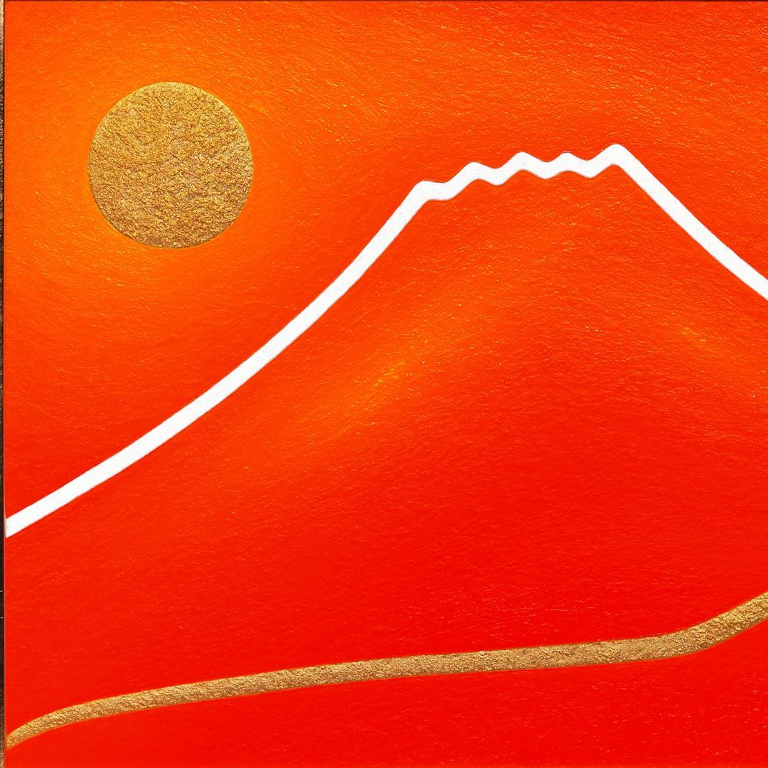 原画●『朱に染まる赤富士』●がんどうあつし油絵画●F4号額縁付富士山真作作者直接