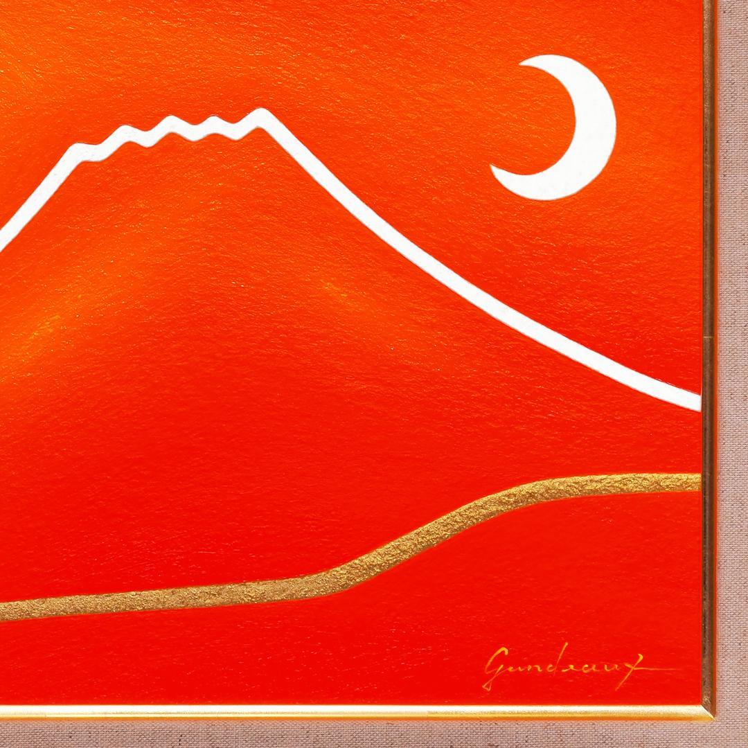 原画●『朱に染まる赤富士』●がんどうあつし油絵画●F4号額縁付富士山真作作者直接