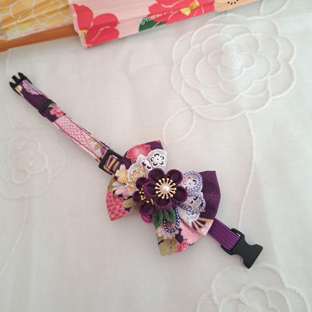 お正月、つまみ細工リボン(紫②)わんちゃん猫ちゃん用首輪