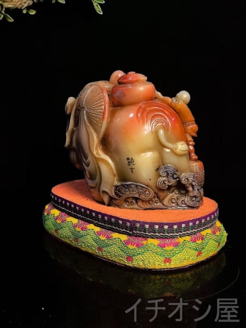 【鴻運当頭・童子送宝】印章・寿山石の置物・钝丁作款｜文房具｜印材｜細密彫｜案頭