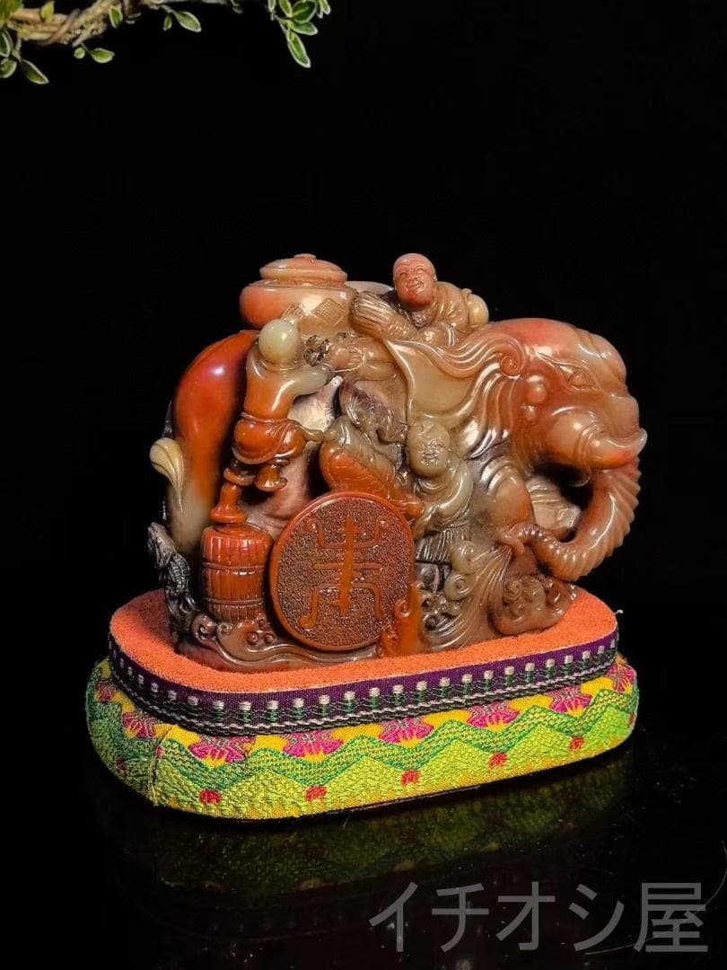 【鴻運当頭・童子送宝】印章・寿山石の置物・钝丁作款｜文房具｜印材｜細密彫｜案頭