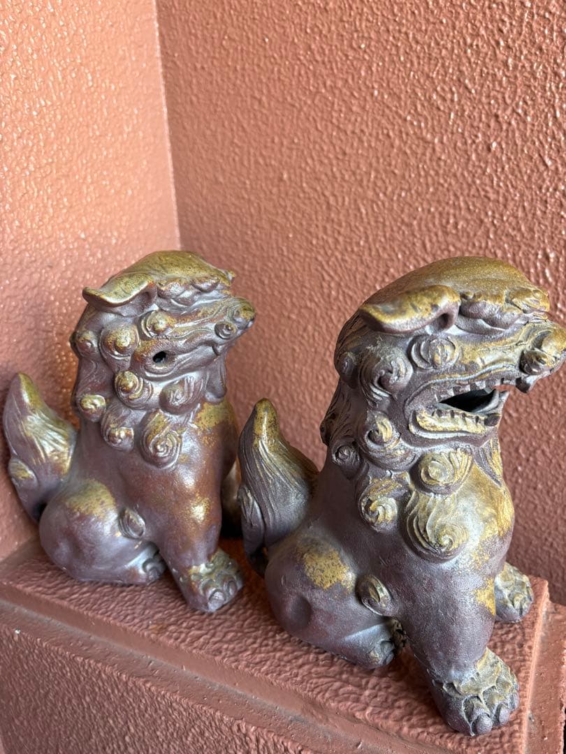 沖縄シーサー 陶器 置物 ペア ヴィンテージ 魔除け 縁起物