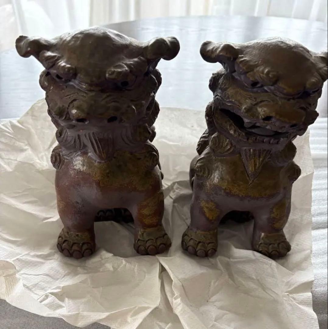 沖縄シーサー 陶器 置物 ペア ヴィンテージ 魔除け 縁起物