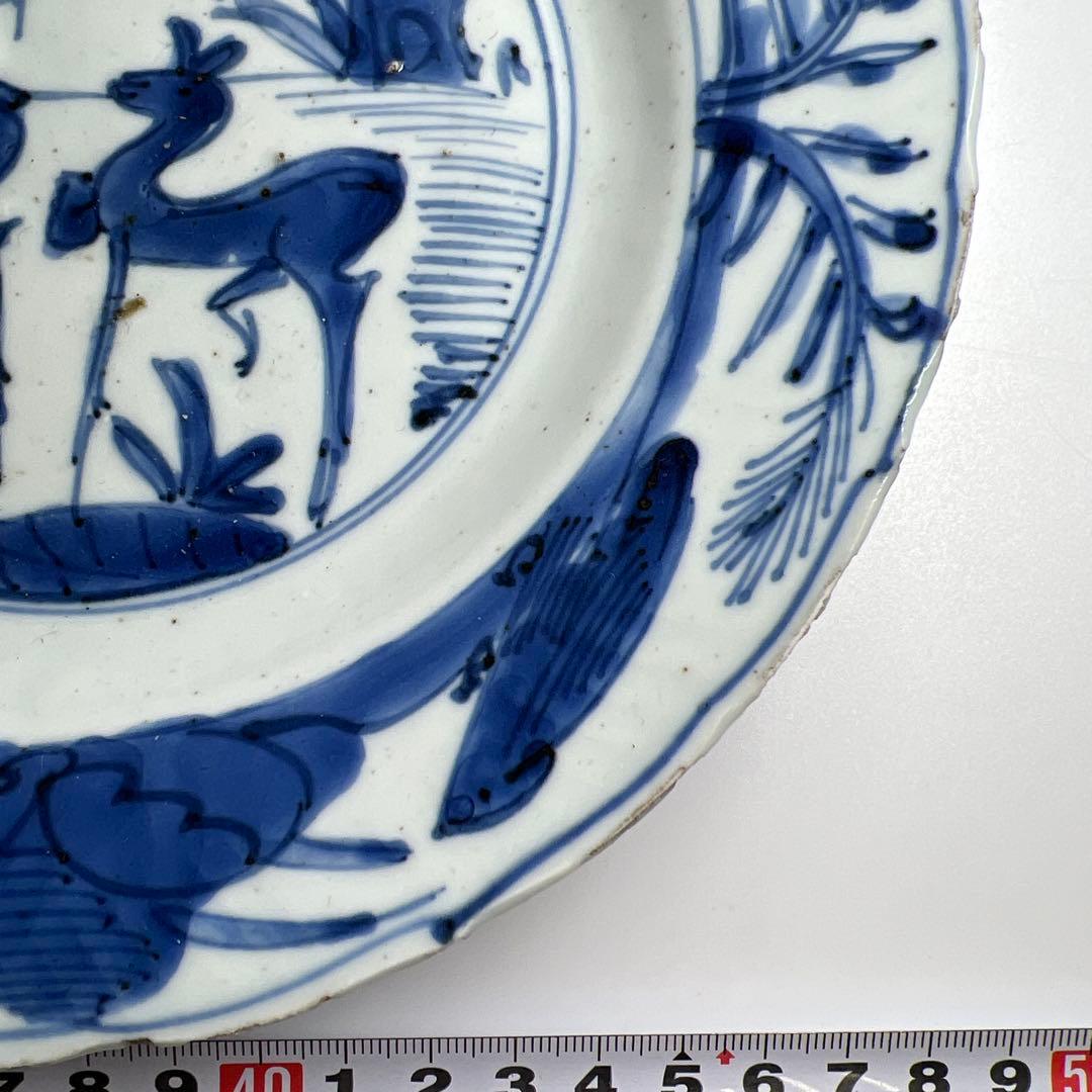 中国明時代　古染付鹿文七寸皿　直径約21㎝　東Y7-1024☆2F