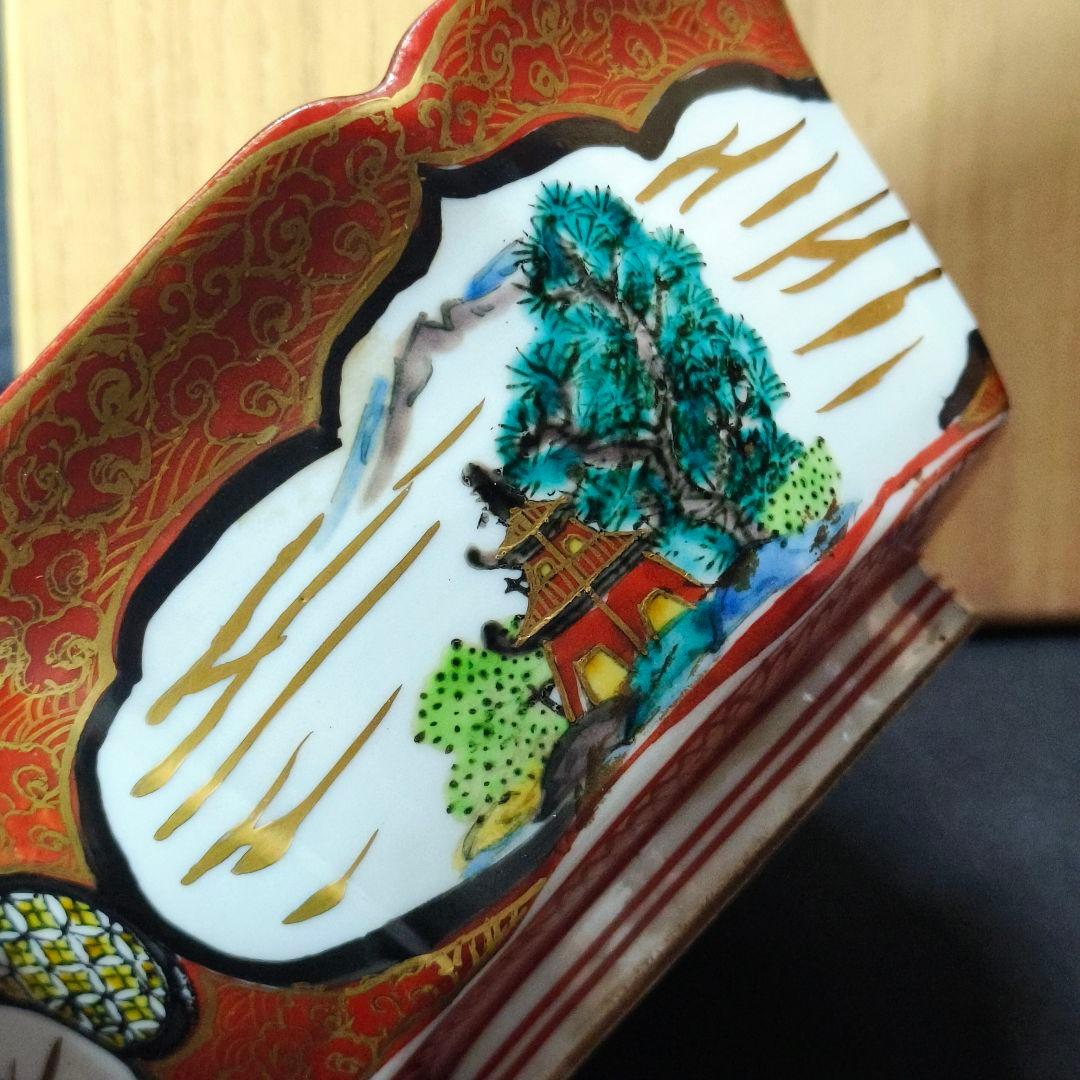 古九谷焼 八角鉢 庄三作 手描き 山水人物文 桐箱 旧家蔵出 コレクター放出美品