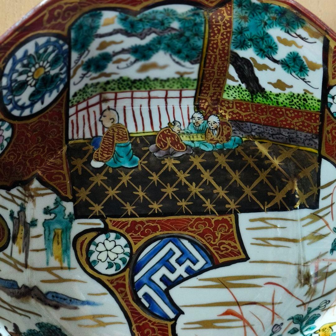 古九谷焼 八角鉢 庄三作 手描き 山水人物文 桐箱 旧家蔵出 コレクター放出美品