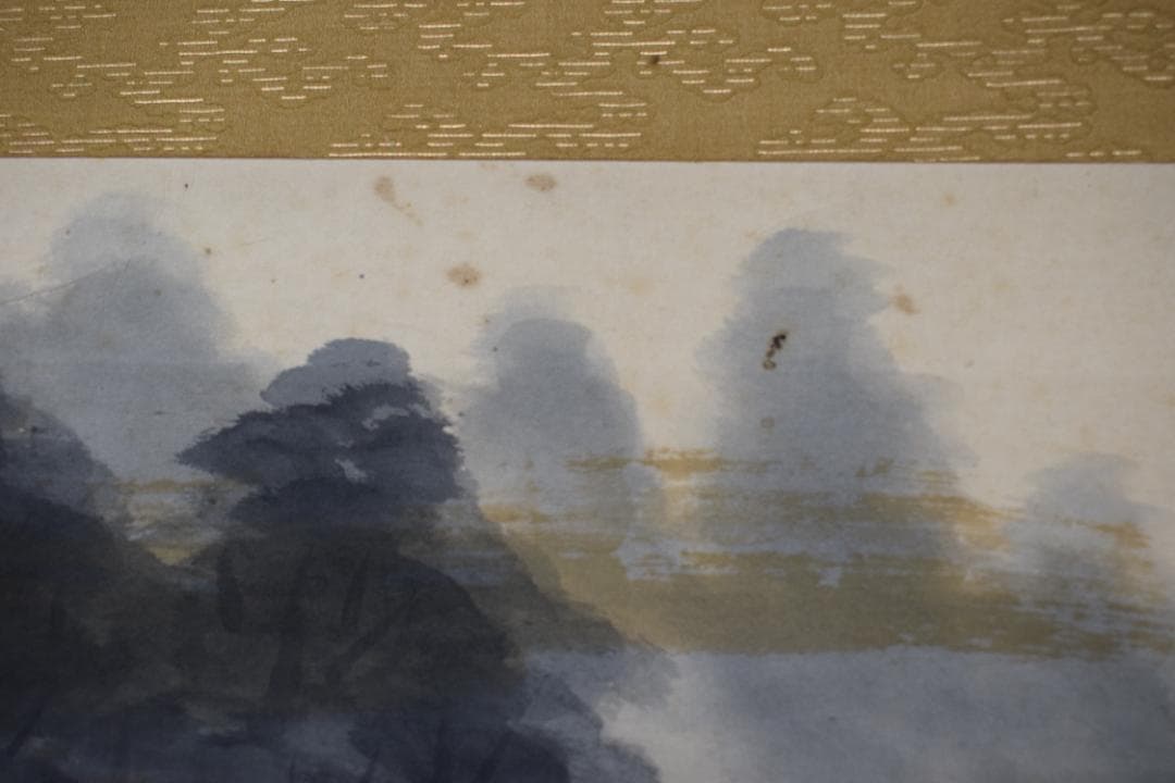 【真作】四田観水/渓山タイマツ図/焚松/横物/掛軸☆宝船☆Z-283