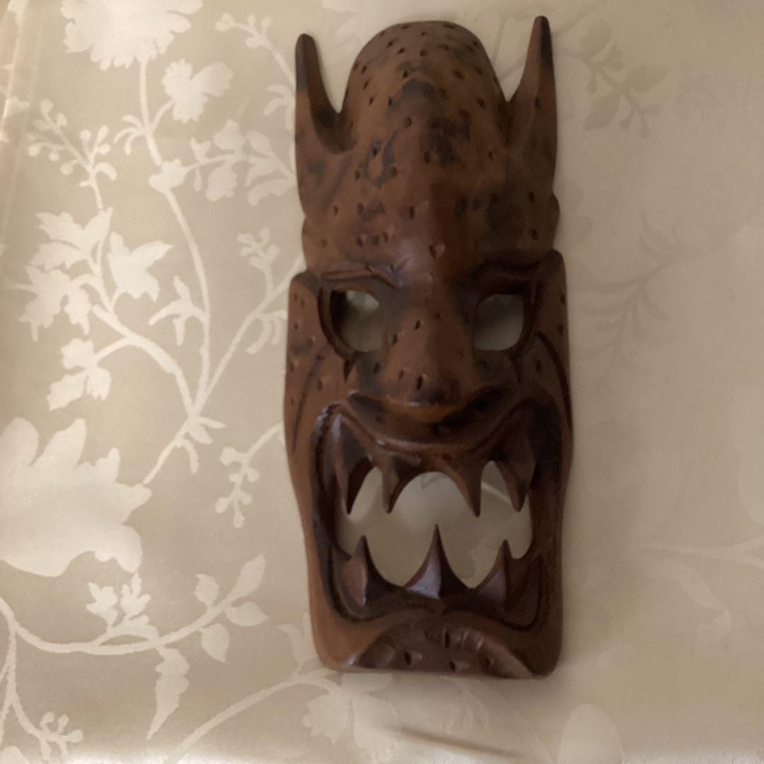 木彫　魔除け面　【壁掛　民藝　木彫巧藝】　インテリア壁掛
