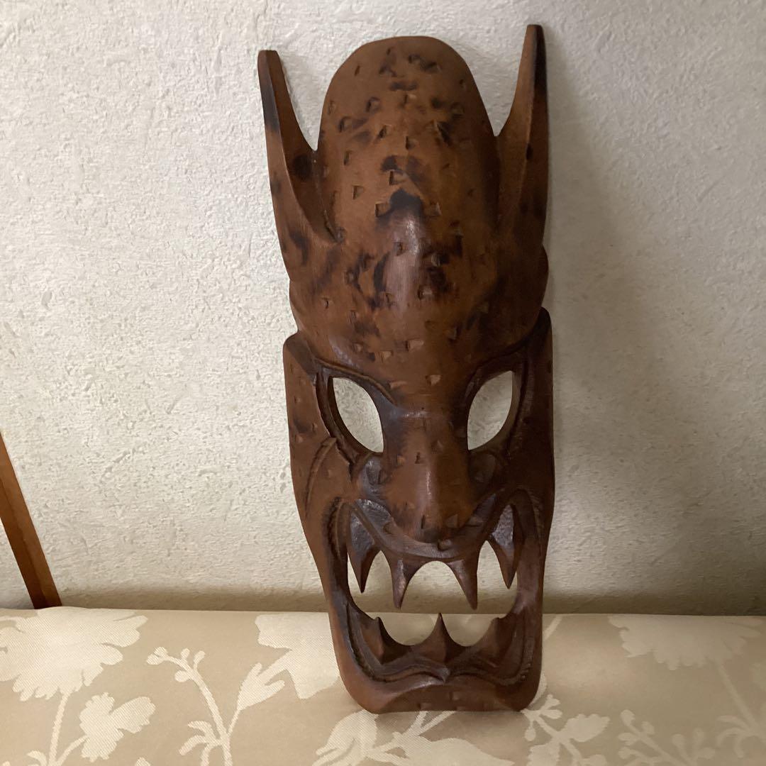 木彫　魔除け面　【壁掛　民藝　木彫巧藝】　インテリア壁掛