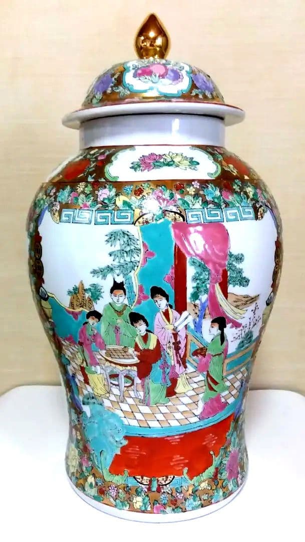 蓋付 飾り壺 宮廷人物図 花鳥図 陶器