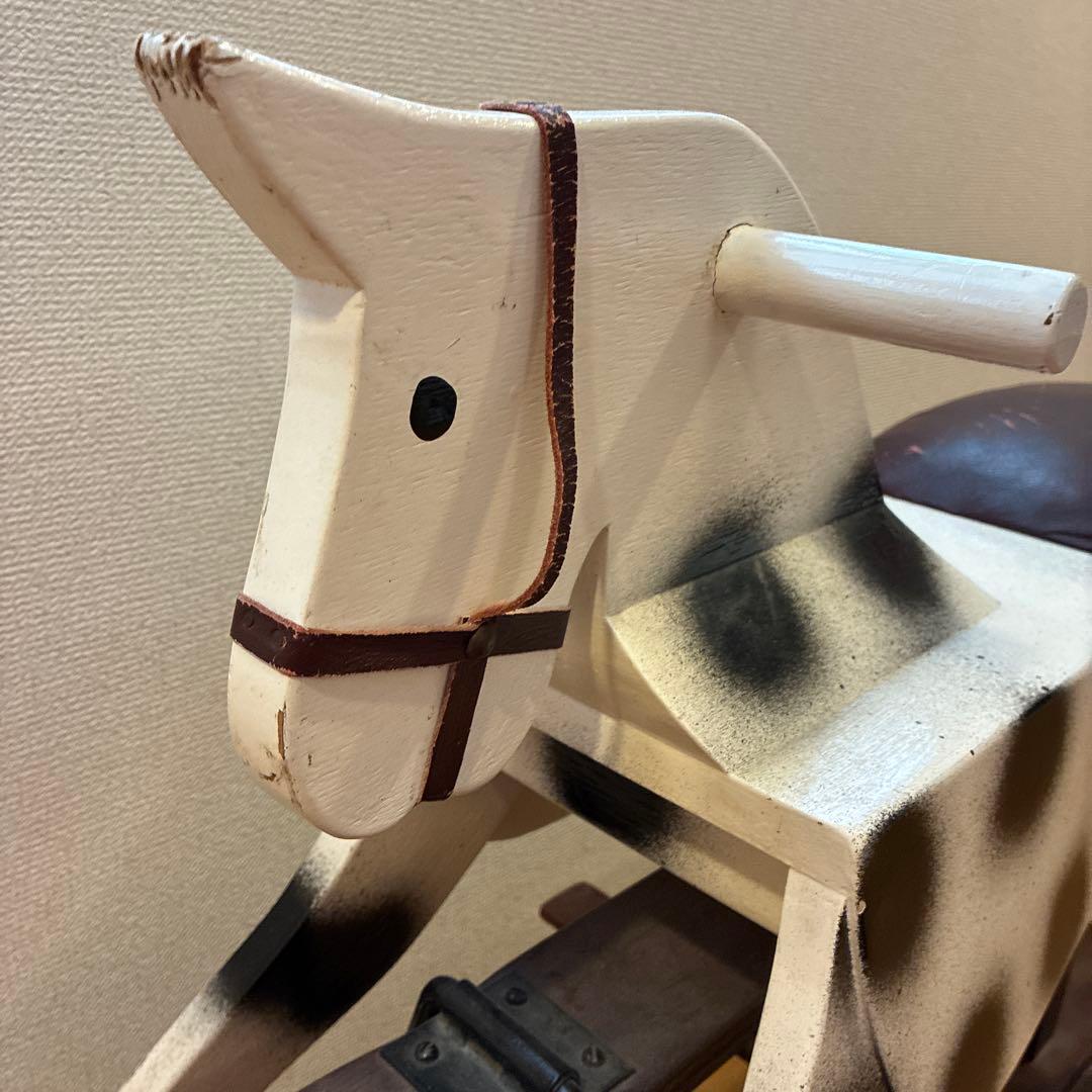 英国製　アンティーク 木製ロッキングホース 白黒水玉