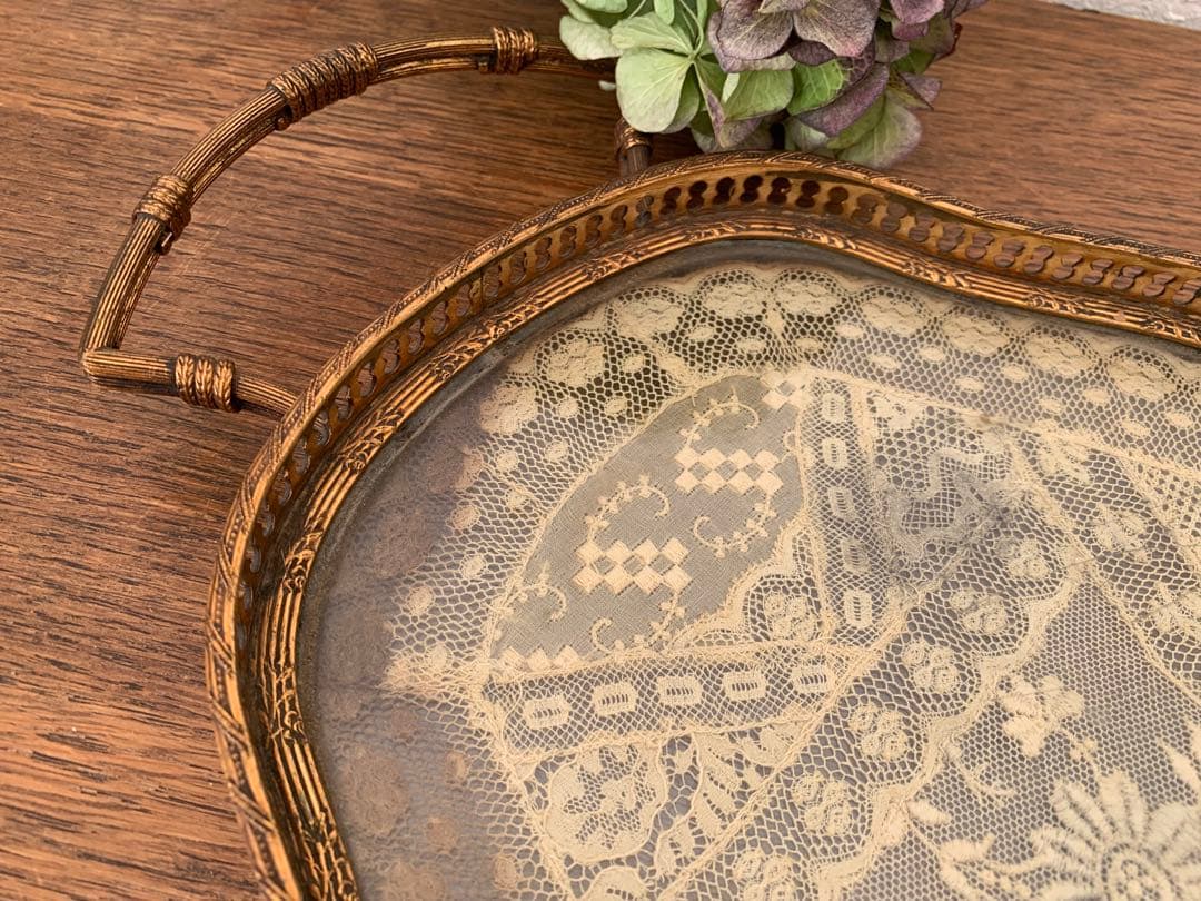 訳あり　フランスアンティーク　トレー　レース　ブロカント