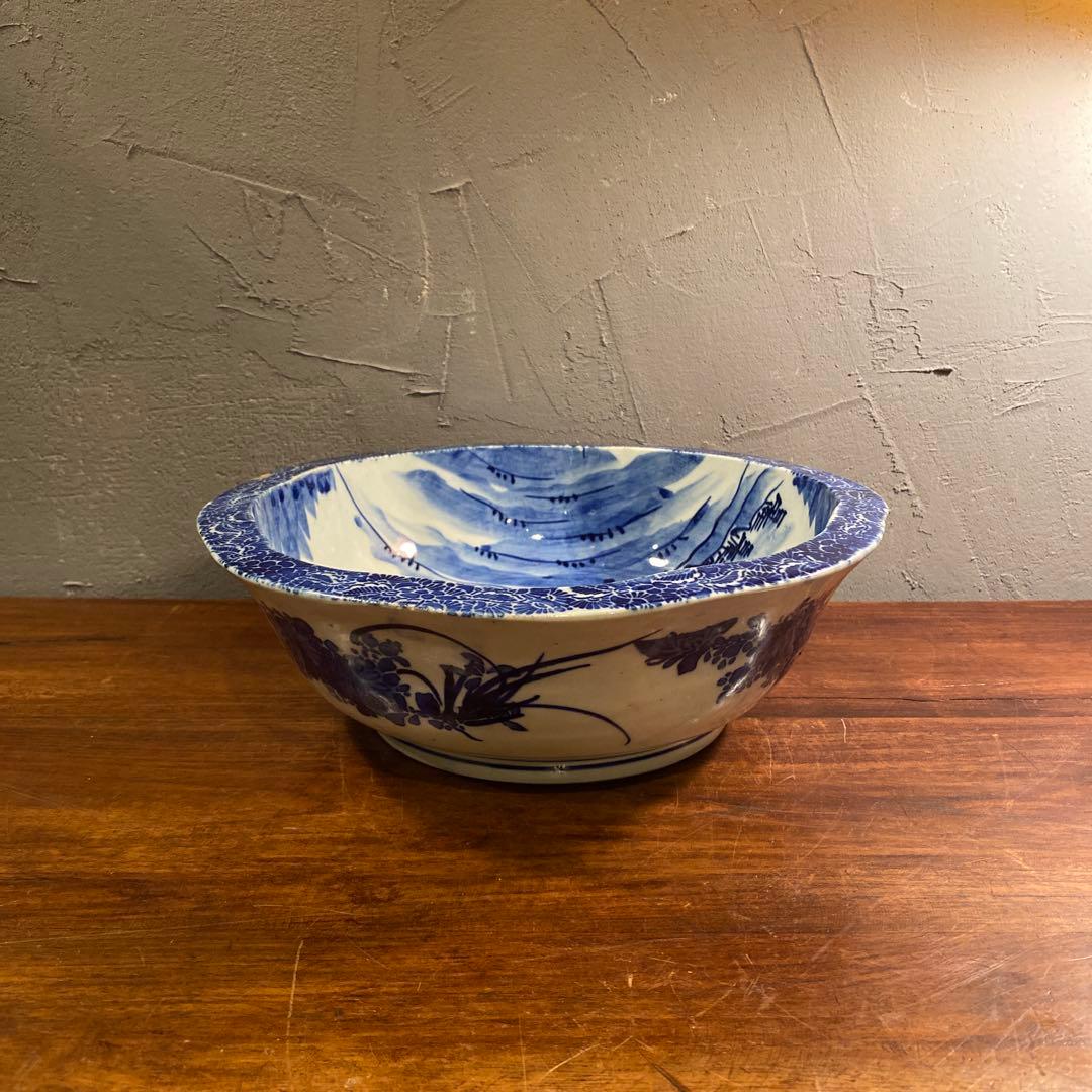 骨董品 大鉢 江戸 明治 蛇目高台 染め付け 印判 皿 時代物 アンティーク