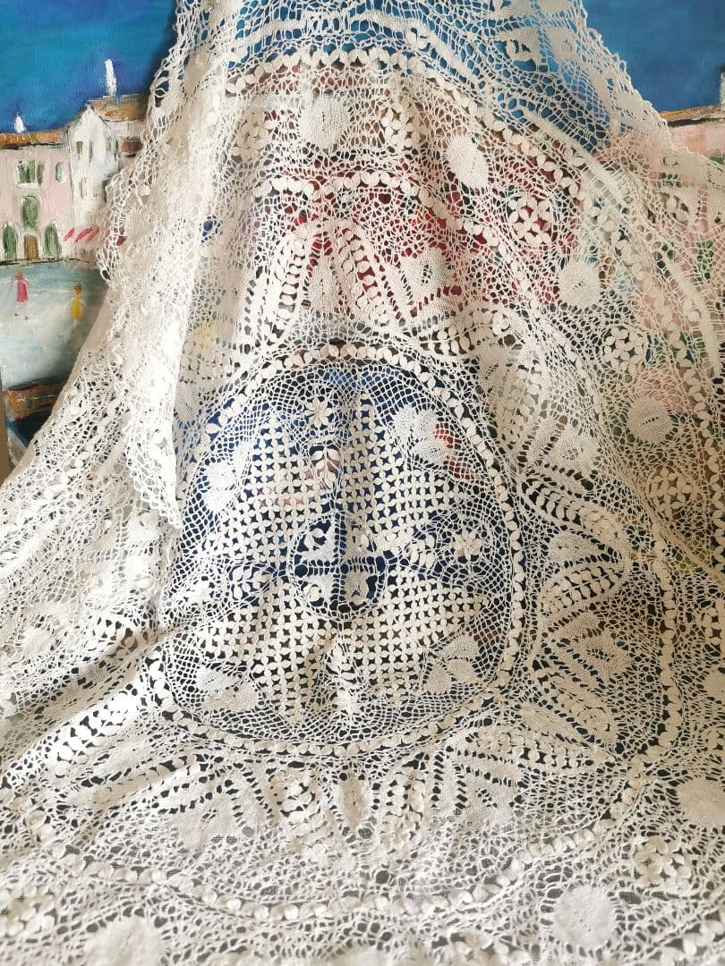 アンティークマルチーズレース 美しいエクリュφ75㎝見事なラージラウンドドイリー